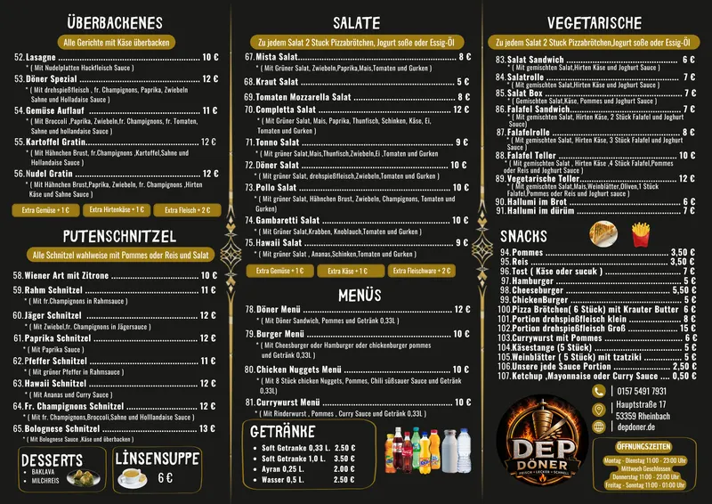 DEP DÖNER Speisekarte – Salate, Menüs, vegetarische Gerichte und Snacks